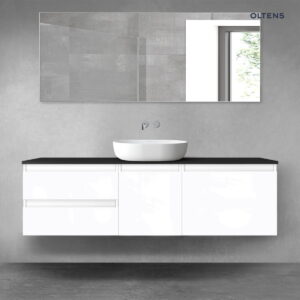 Oltens Vernal zestaw mebli łazienkowych 160 cm z blatem biały połysk/czarny mat 68409000