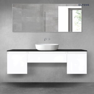 Oltens Vernal zestaw mebli łazienkowych 160 cm z blatem biały połysk/czarny mat 68395000