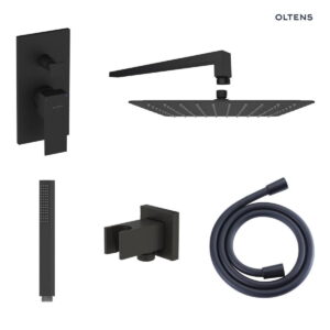 Zestaw Oltens Gota bateria podtynkowa z deszczownicą 30 cm Vindel (S) i kompletem prysznicowym Sog czarny mat (34101300, 37001300, 39401300, 37103300, 37200300, 39303300)