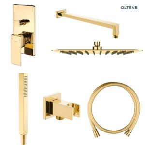 Zestaw Oltens Gota bateria podtynkowa z deszczownicą 30 cm Vindel (S) i kompletem prysznicowym Sog złoty (34101800, 37001800, 39401800, 37103800, 37200800, 39303800)