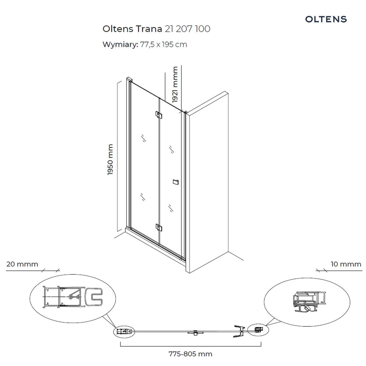 Oltens Trana drzwi prysznicowe 80 cm wnękowe 21207100 - obrazek 2