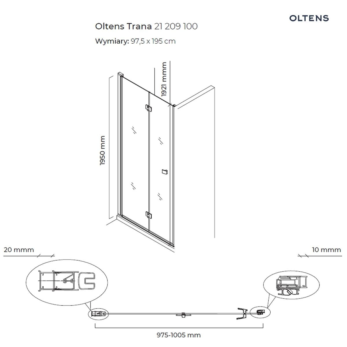 Oltens Trana drzwi prysznicowe 100 cm wnękowe 21209100 - obrazek 3