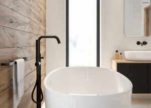 Oltens Hamnes bateria wannowo-prysznicowa wolnostojąca czarny mat 34302300