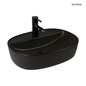 Oltens Hamnes Thin umywalka 51x39 cm nablatowa owalna z otworem na baterię i powłoką SmartClean czarny mat 41813300