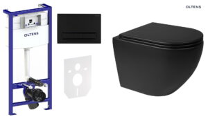 Zestaw Oltens Triberg Hamnes Torne 7w1 stelaż podtynkowy miska z deską 42514300 i przycisk spłukujący czarny mat 58302300