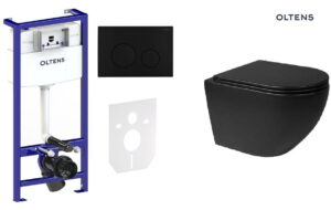 Zestaw Oltens Triberg Hamnes Lule 7w1 stelaż podtynkowy miska z deską 42514300 i przycisk spłukujący czarny mat 58303300