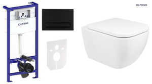 Zestaw Oltens Triberg Vernal Torne 7w1 stelaż podtynkowy miska z deską 42507000 i przycisk spłukujący czarny mat 58304300