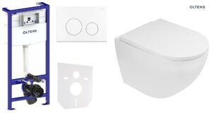 Zestaw Oltens Triberg Hamnes Lule 7w1 stelaż podtynkowy miska z deską 42014000 i przycisk spłukujący biały 58301000