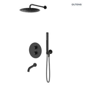 Zestaw Oltens Katla bateria podtynkowa termostatyczna z deszczownicą 30 cm Vindel i kompletem prysznicowym Ume czarny mat 36611300