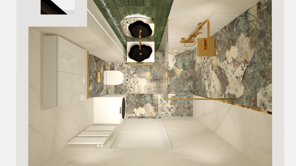 Łazienka spa 2026: gres porcelanowy imitacja marmuru z delikatnymi złotymi żyłami i strukturą 3D carving, beżowo-kaszmirowy odcień na podłodze i ścianach